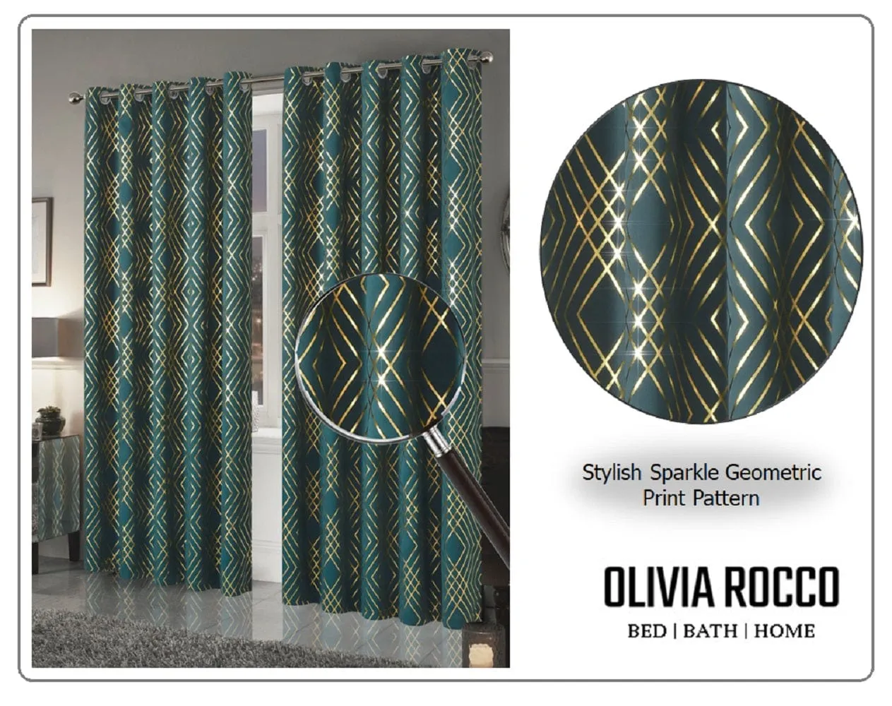 Geometric Blackout Thermal Insulated Curtains with Metallic Foil Print 100% Light Blocking for Living Room and Bedroom by OLIVIA ROCCO