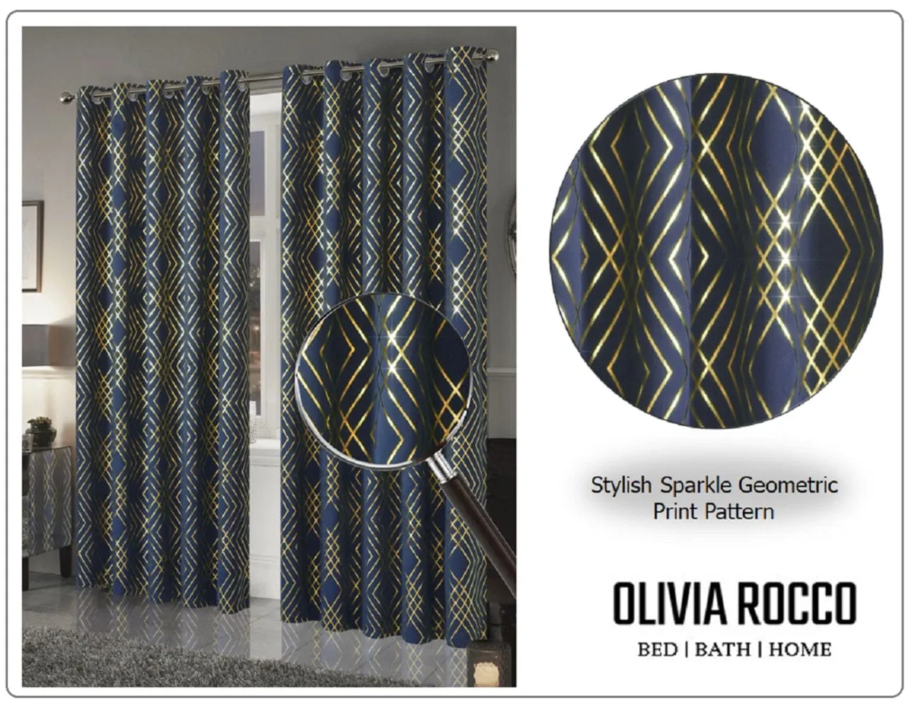 Geometric Blackout Thermal Insulated Curtains with Metallic Foil Print 100% Light Blocking for Living Room and Bedroom by OLIVIA ROCCO