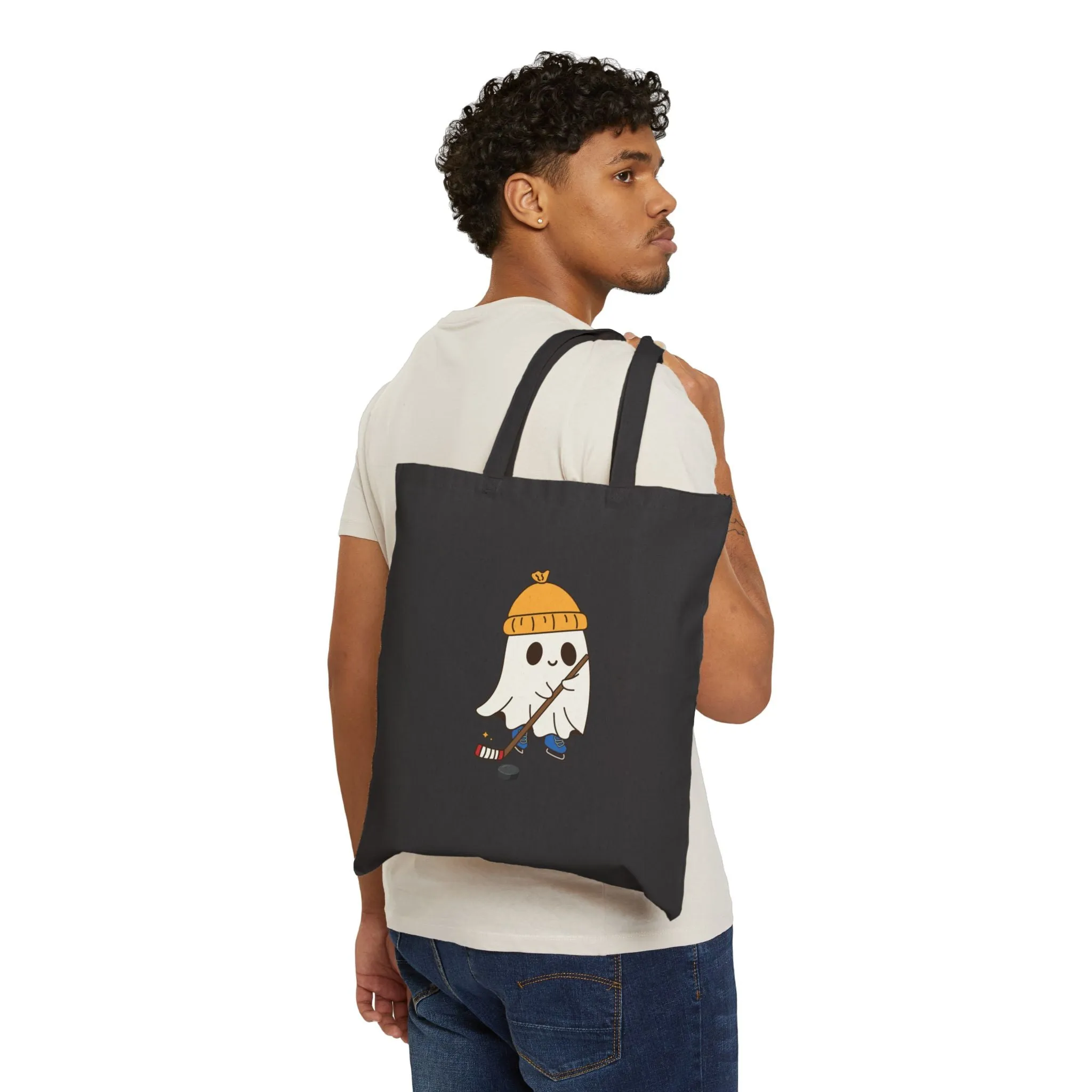 Ghost Playing Hockey Cotton Canvas Tote Bag