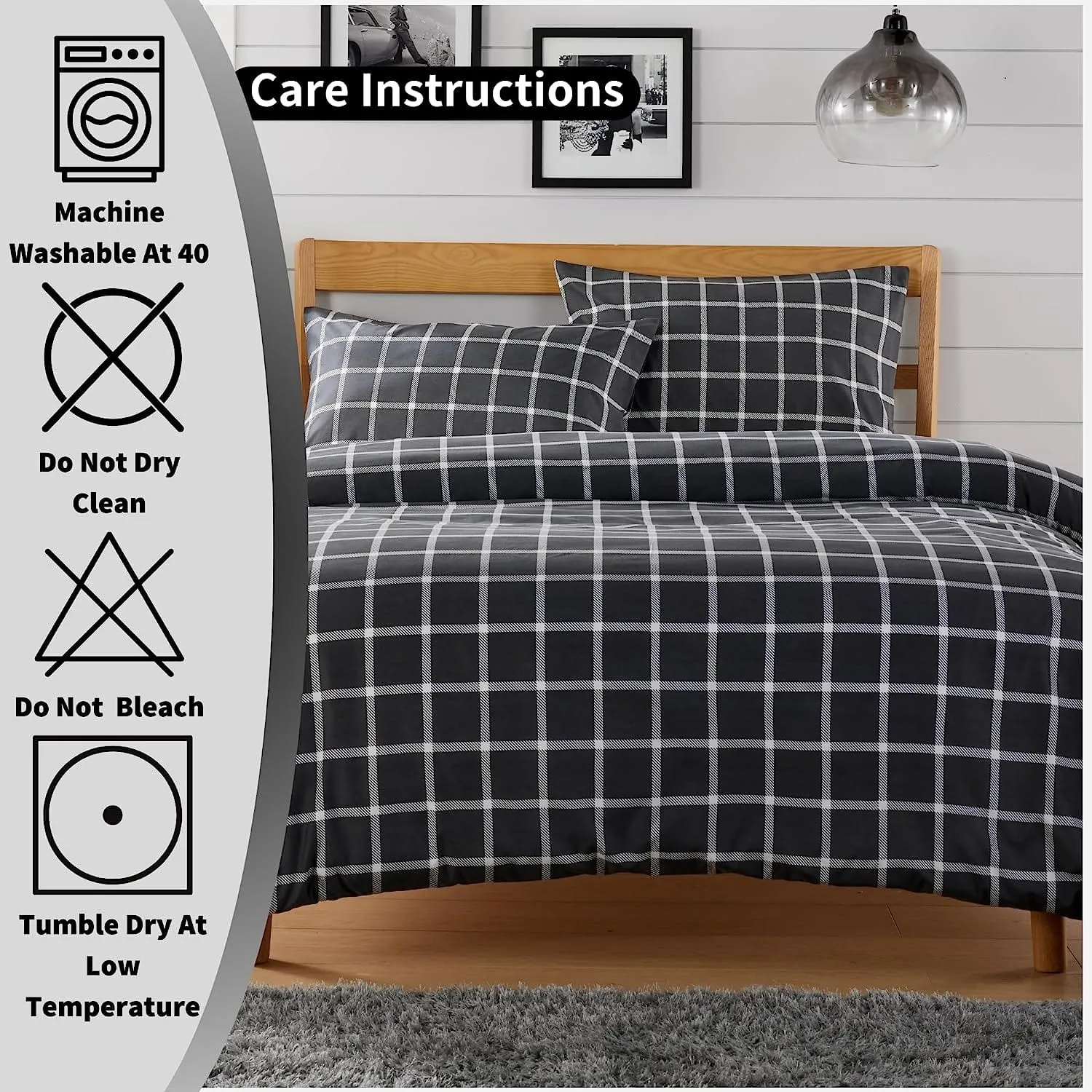 Grey Check Reversible Duvet Cover Set Soft Breathable Durable Polyester Bedding Single Double King by OLIVIA ROCCO