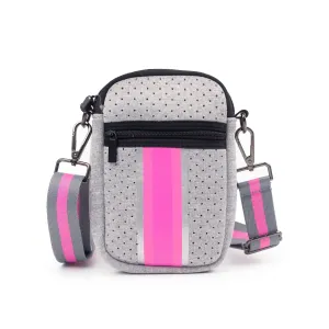 GREY PINK STRIPE MULTI ZIPPER NEOPRENE PHONE HOLDER W/1.25" STRIPE STRAP