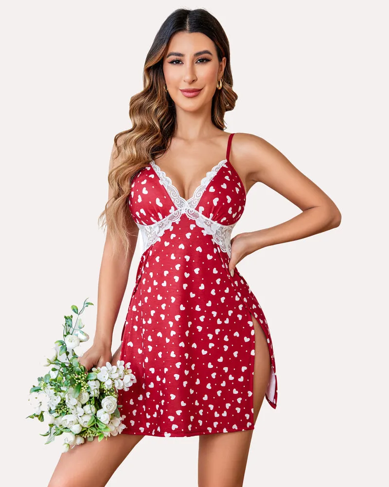 Heart Print Lace Side Slit Nightgown