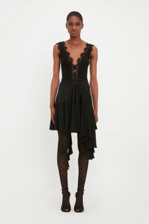 Lace Detail Ruffle Mini Dress In Black