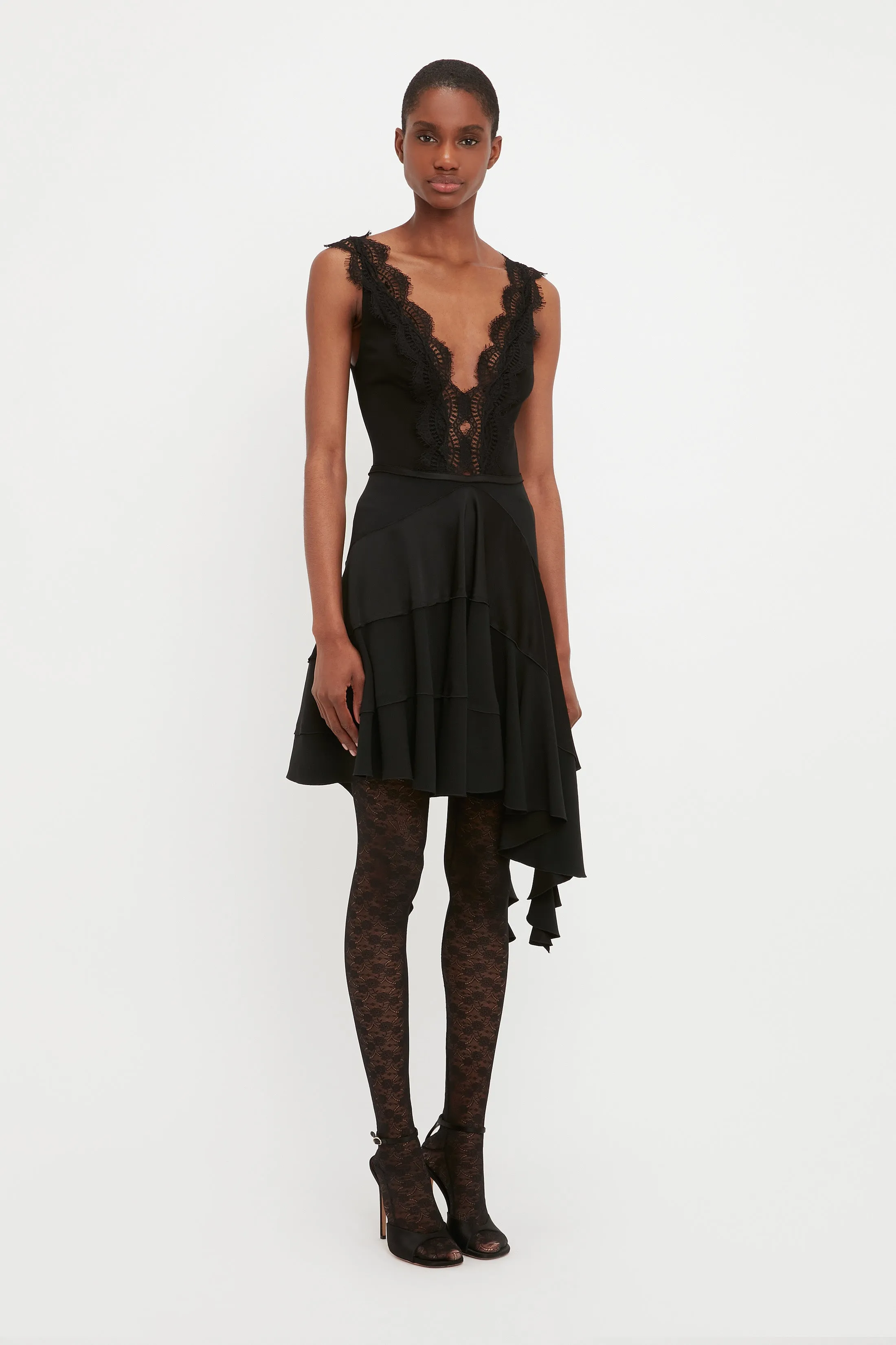 Lace Detail Ruffle Mini Dress In Black