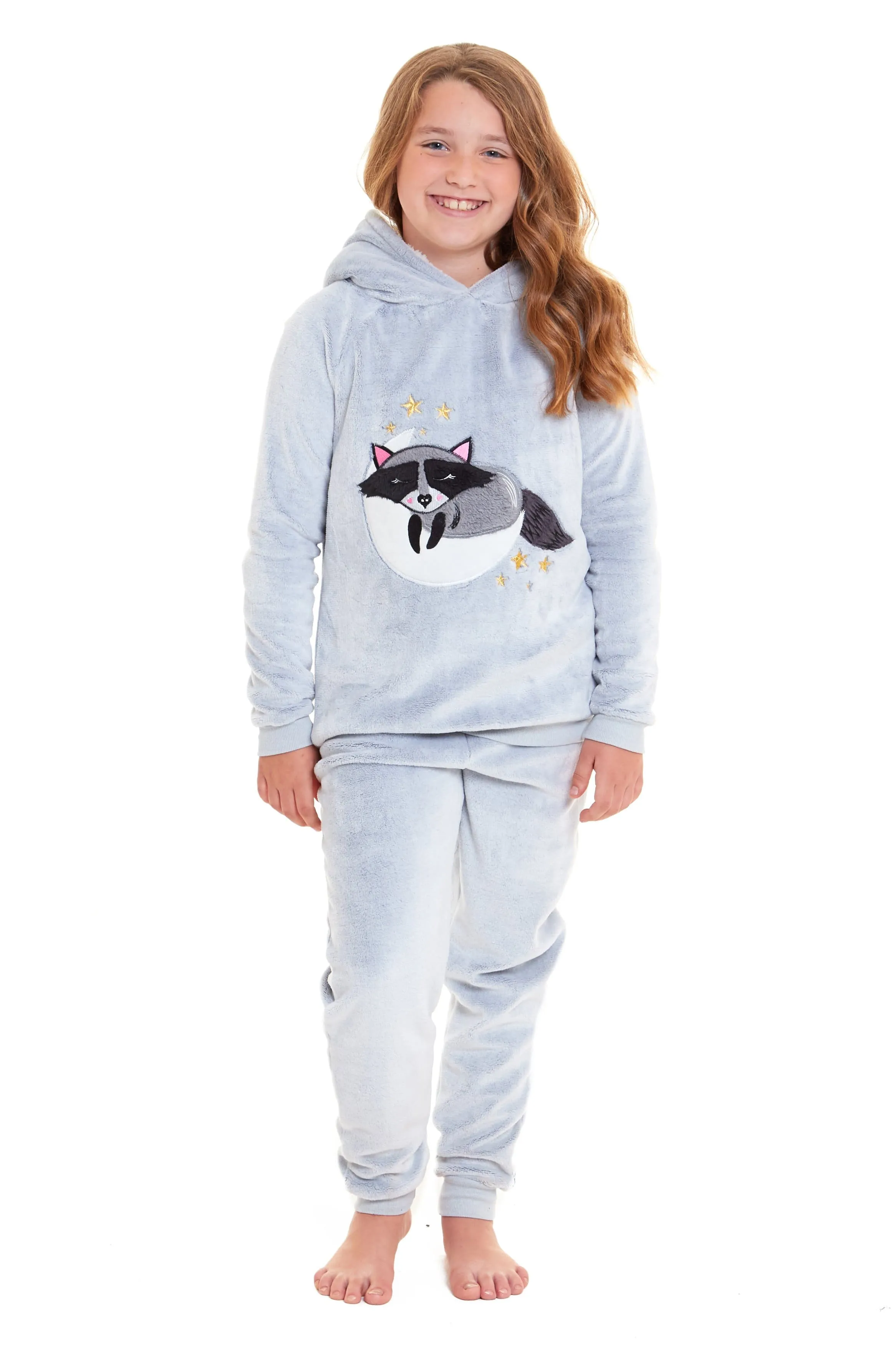 Matching Mother Daughter Raccoon Fleece Hooded Pyjama Set with Sherpa Lining and Embroidered Design for Family Bonding by Daisy Dreamer