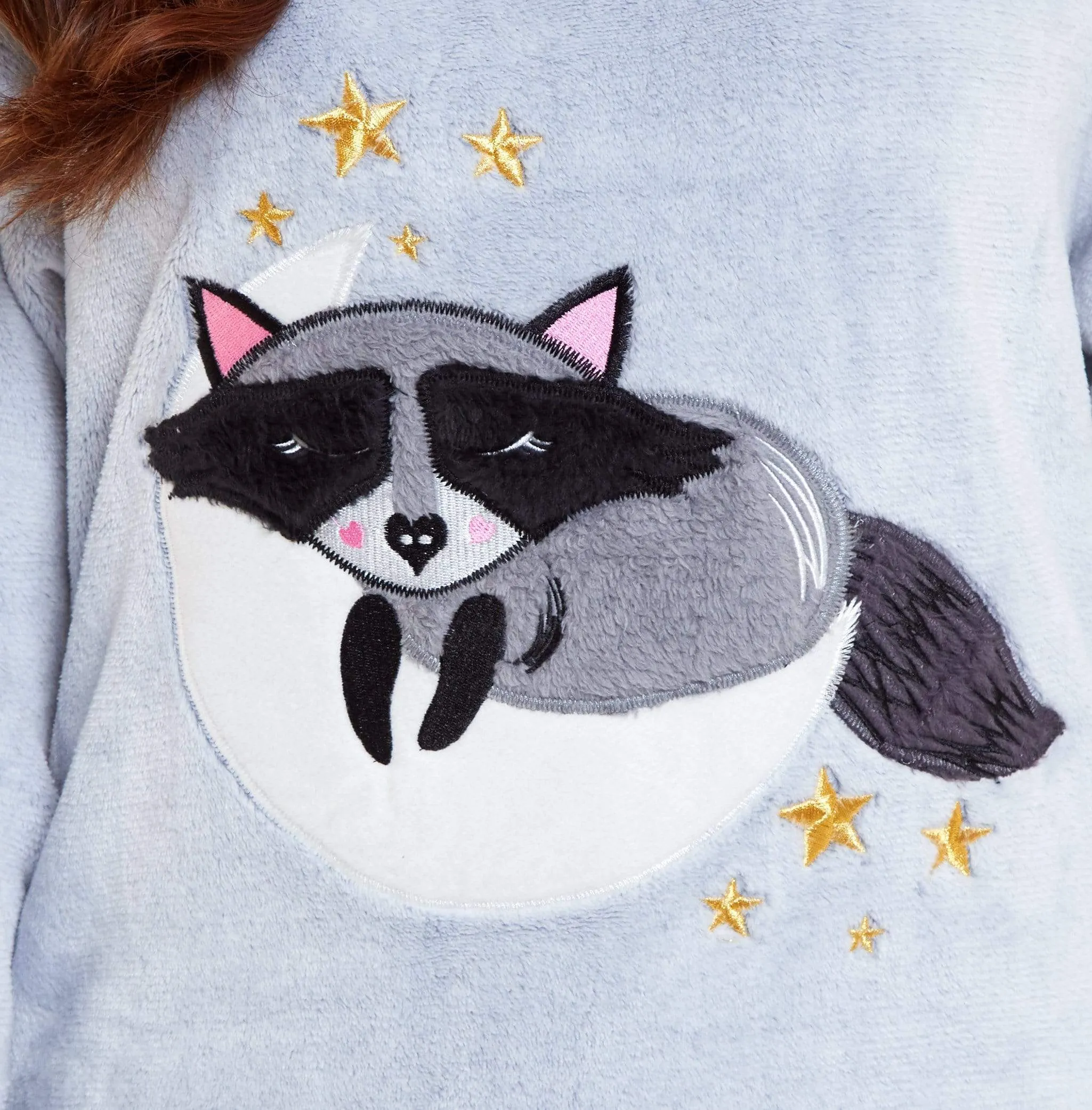 Matching Mother Daughter Raccoon Fleece Hooded Pyjama Set with Sherpa Lining and Embroidered Design for Family Bonding by Daisy Dreamer