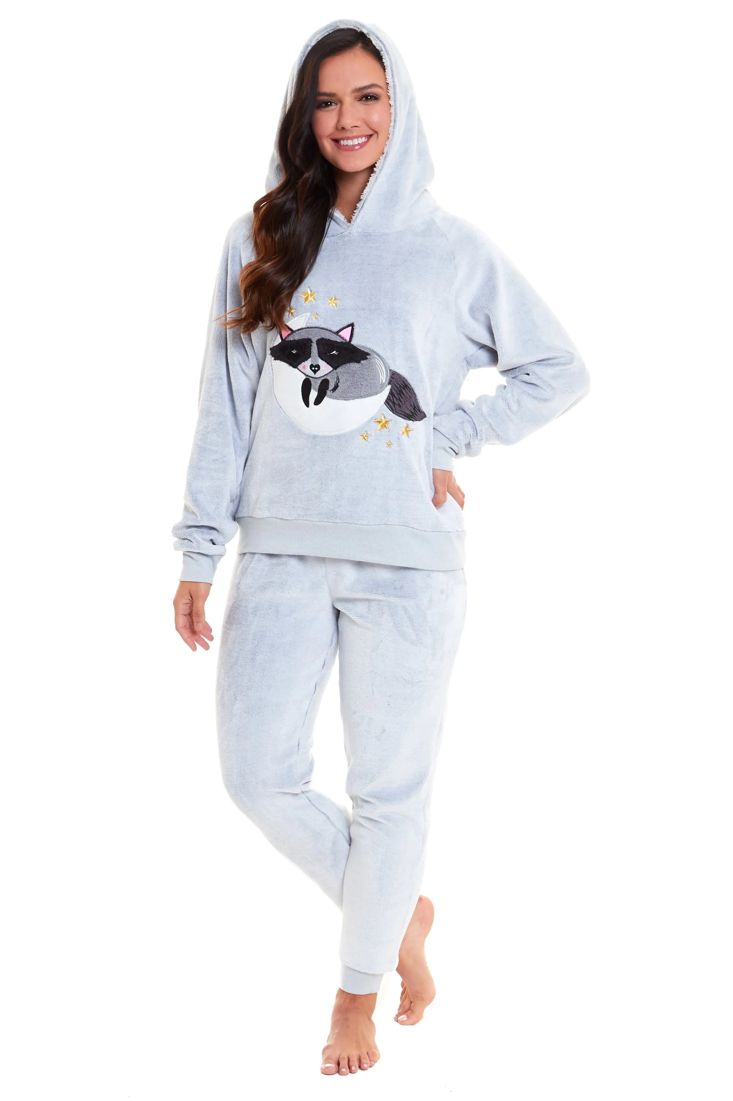 Matching Mother Daughter Raccoon Fleece Hooded Pyjama Set with Sherpa Lining and Embroidered Design for Family Bonding by Daisy Dreamer