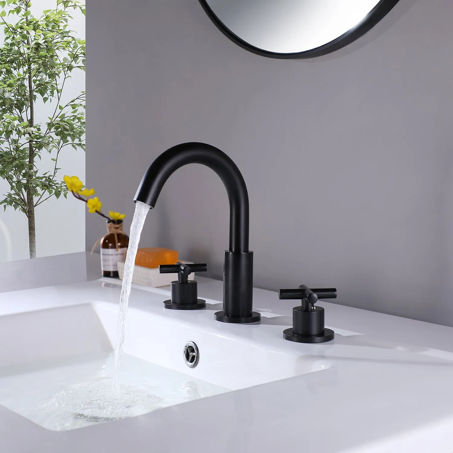 Matte Black Deck Mount Bathroom Sink Faucet with Rough-in Valve RB0765