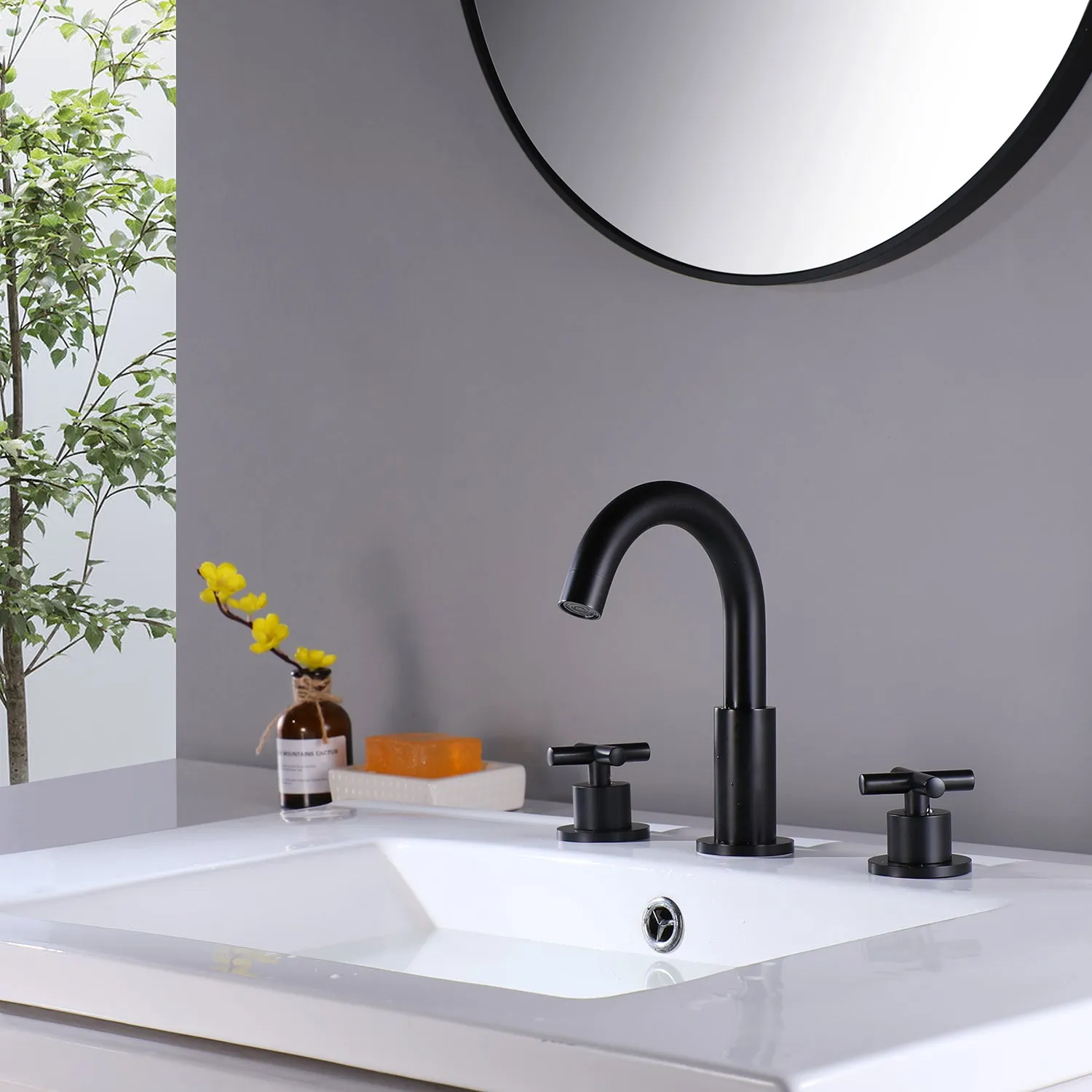 Matte Black Deck Mount Bathroom Sink Faucet with Rough-in Valve RB0765