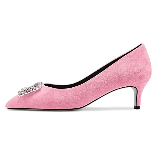 NobleOnly Women Kitten Mid Heel Pointed Toe Slip-on Pumps Rhinestone Crystal Glitter Wedding Party Dress Shoes 2.0 Inches Heels Pink