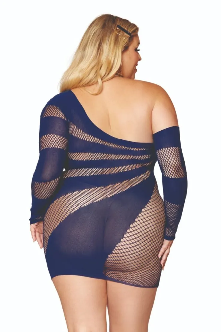 Off Shoulder Sheer Plus Size Mini Dress with Asymmetrical Neckline