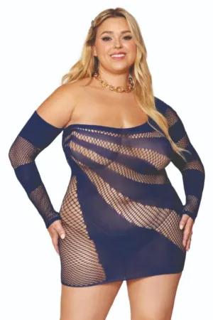 Off Shoulder Sheer Plus Size Mini Dress with Asymmetrical Neckline