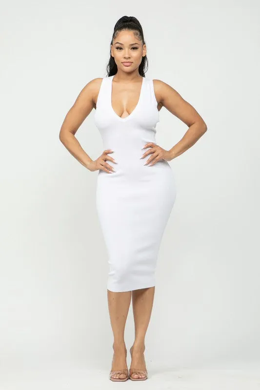 Olivia V-Cut Racerback Midi Dress (White)