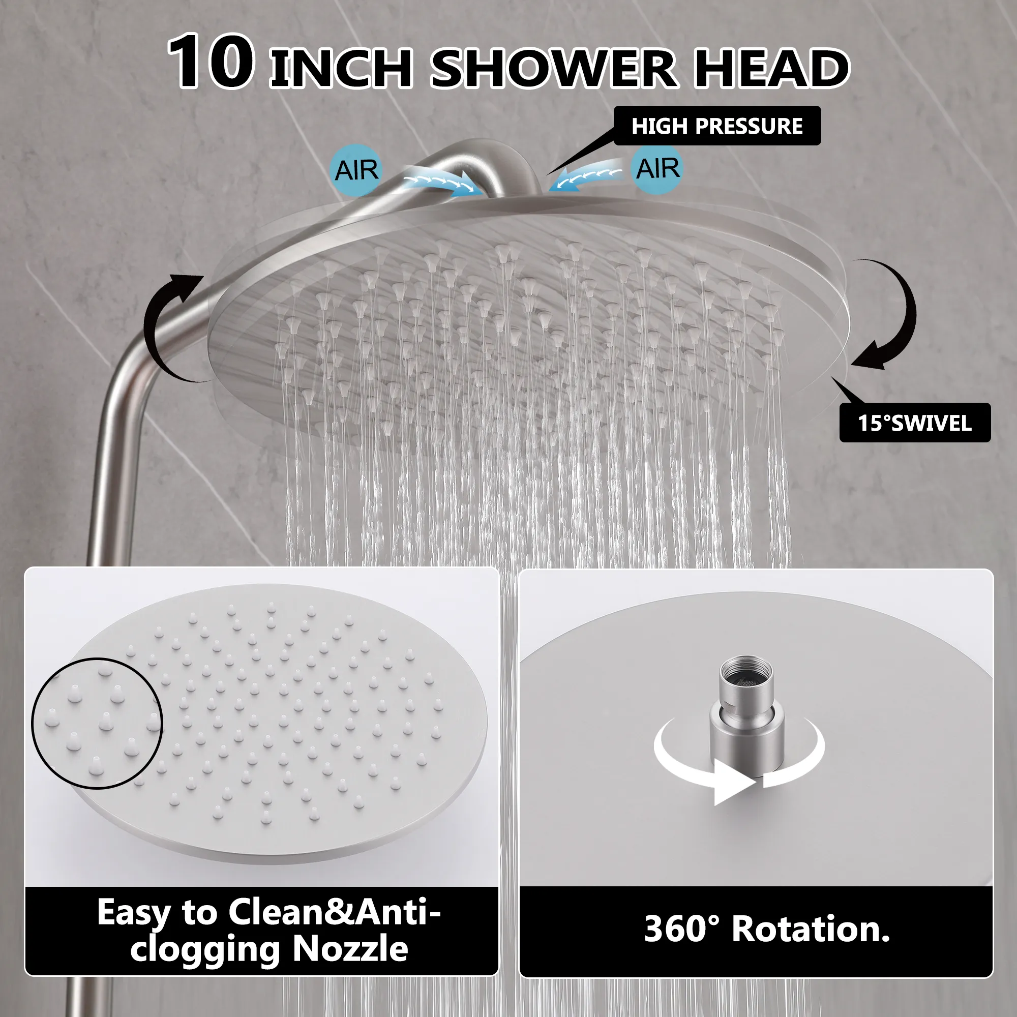 Outdoor Shower Fixtures Dual Handle 6 Inch Center Exposed Shower Kits with 10 Inch Rainfall Shower Head