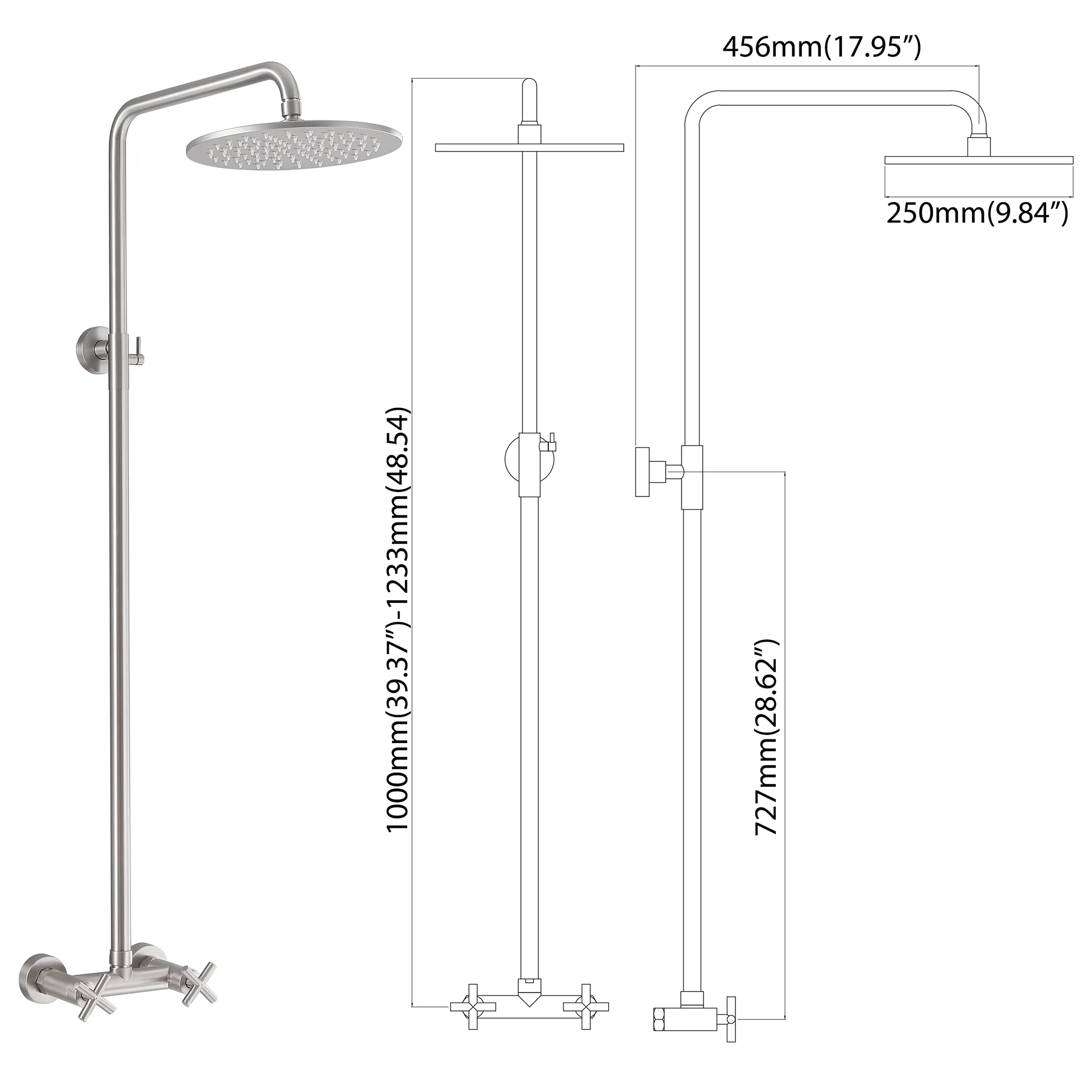 Outdoor Shower Fixtures Dual Handle 6 Inch Center Exposed Shower Kits with 10 Inch Rainfall Shower Head