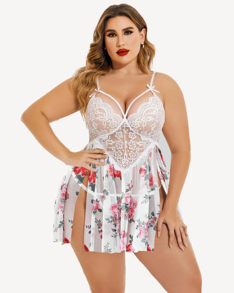 Plus Size Lace Leopard Side Slit Nightdress