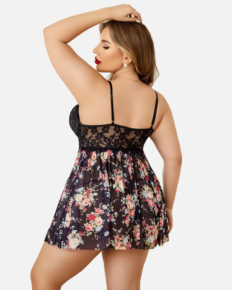 Plus Size Lace Leopard Side Slit Nightdress