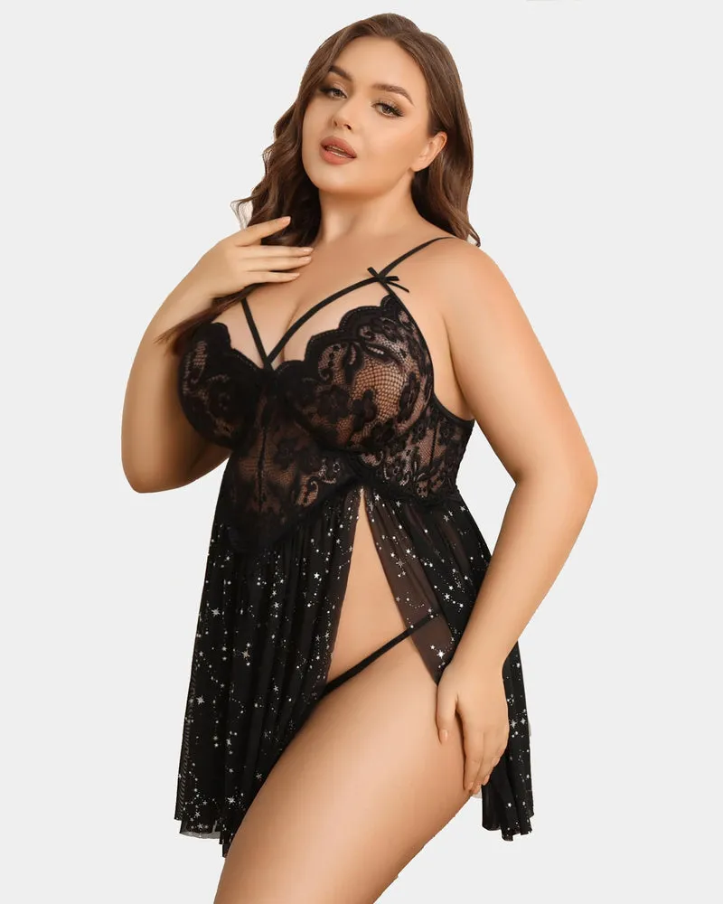 Plus Size Lace Leopard Side Slit Nightdress