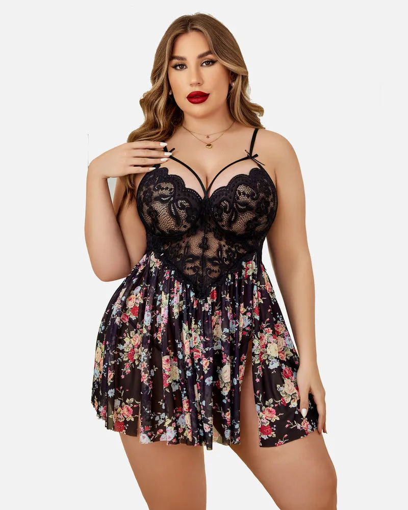 Plus Size Lace Leopard Side Slit Nightdress