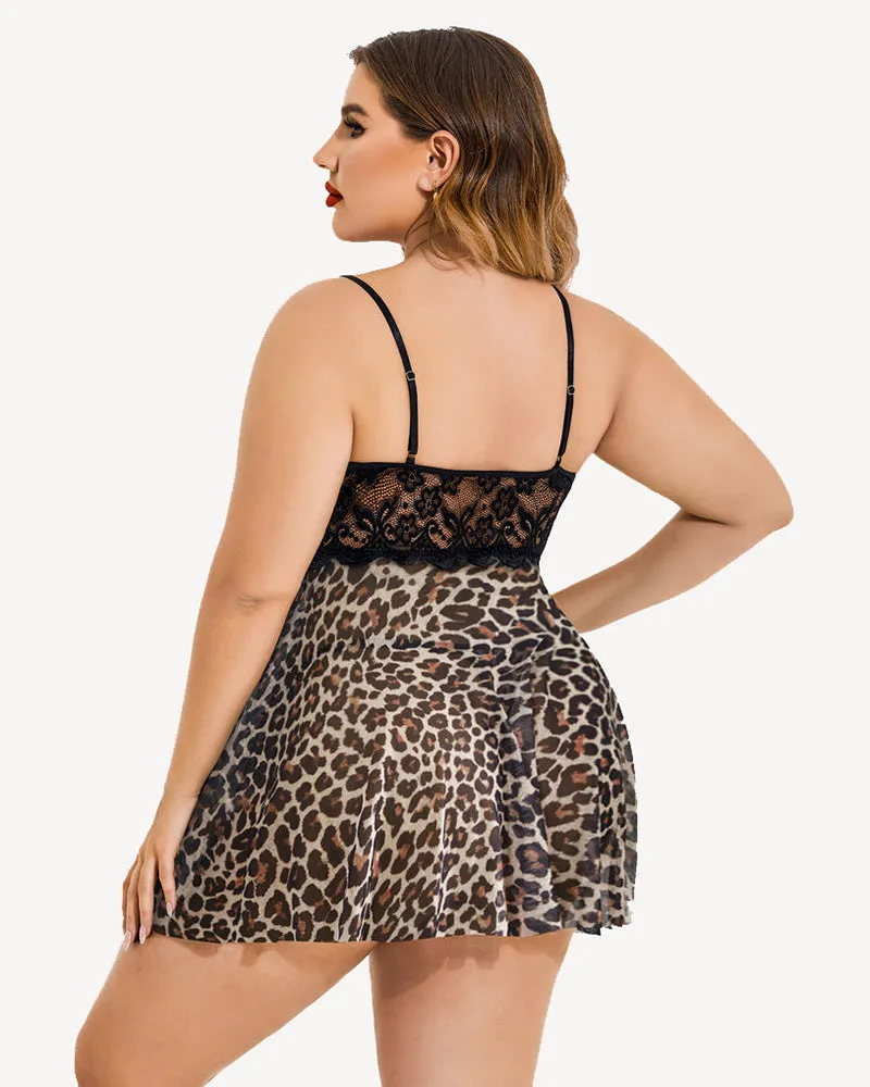 Plus Size Lace Leopard Side Slit Nightdress