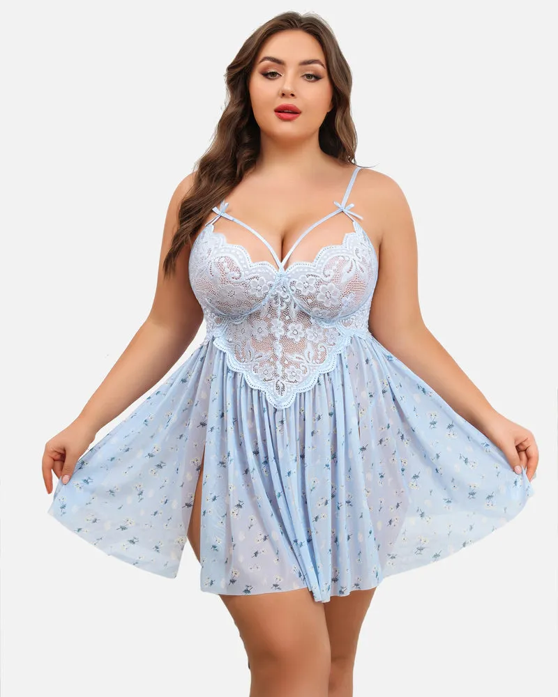 Plus Size Lace Leopard Side Slit Nightdress