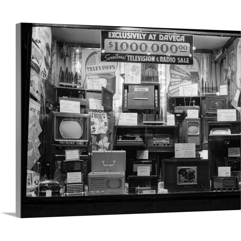 "1940's Window Of Store Selling Radios And Televisions Advertising A Million D" Canvas Wall Art