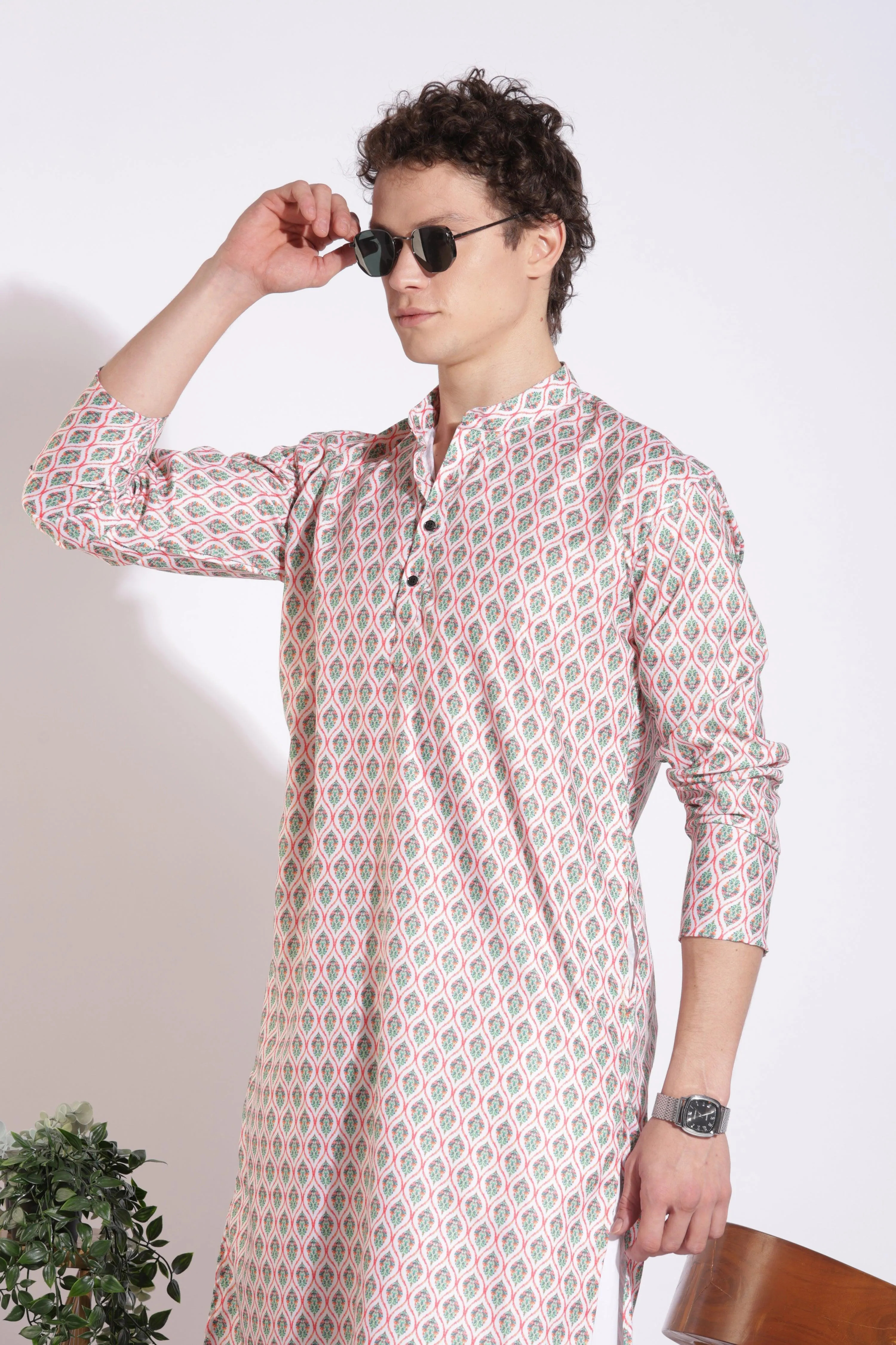 Vintage Ethnic Light Pink Print Cotton Kurta