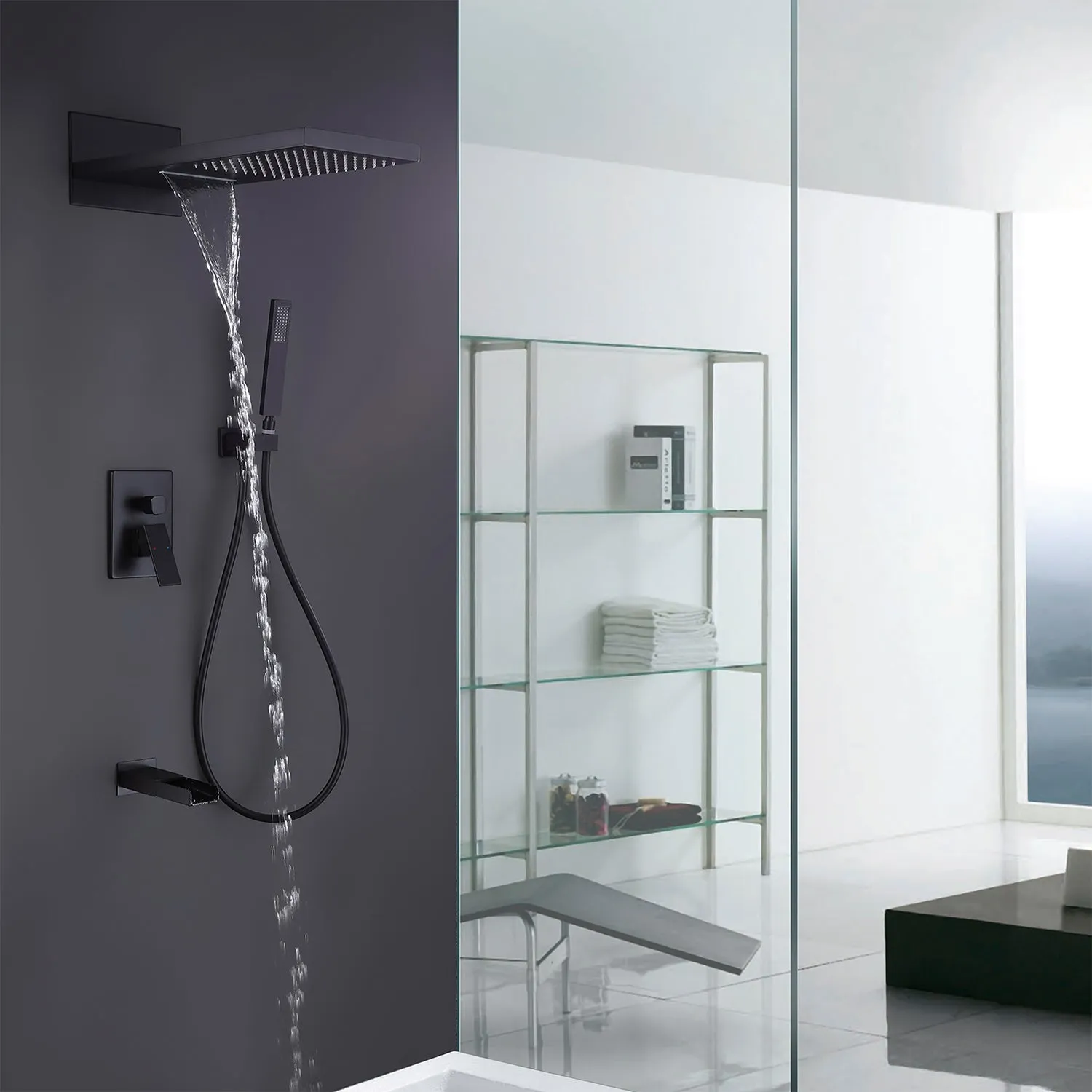 Wall Mount Bathroom Luxury Rainfall Mixer Shower Tub Spout Combo Set RB0945