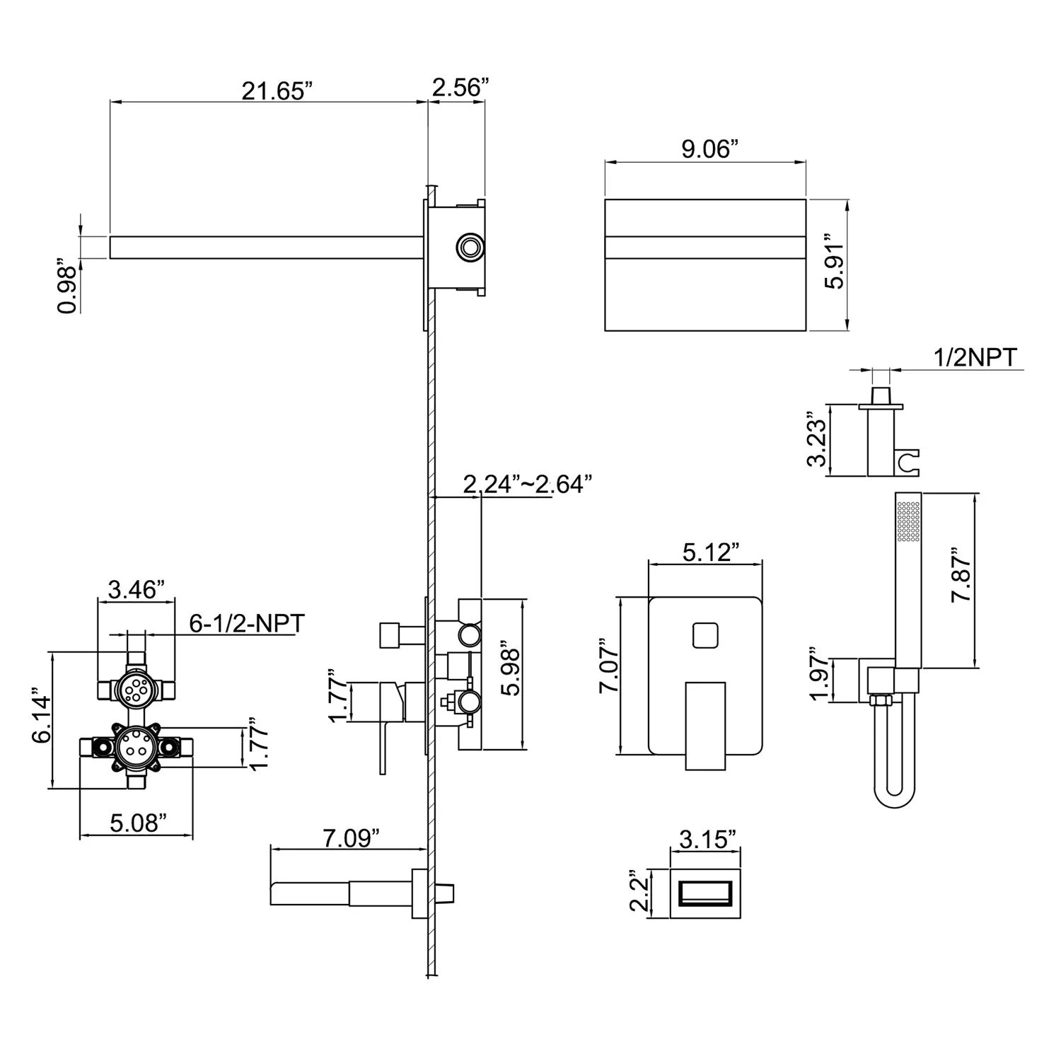 Wall Mount Bathroom Luxury Rainfall Mixer Shower Tub Spout Combo Set RB0945