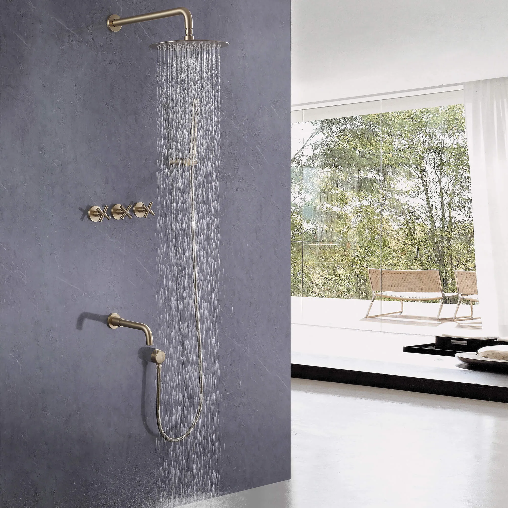 Wall Mount Rainfall Bathtub Shower System with Tub Spout Brushed Gold JK0299