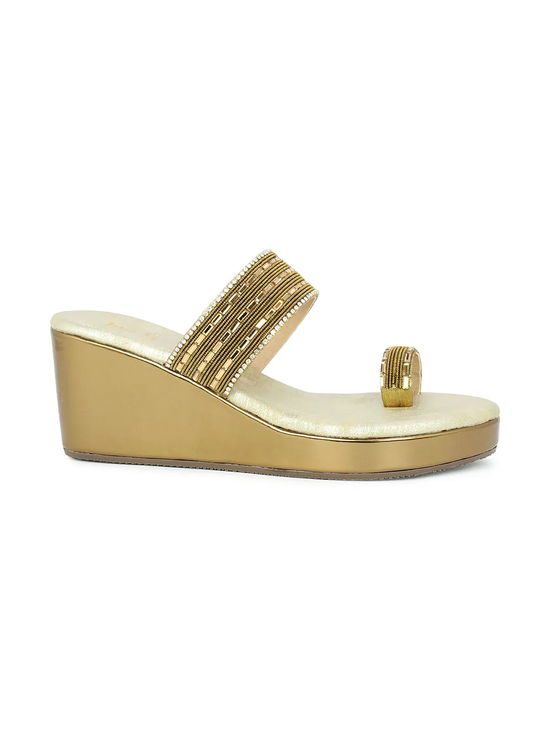 Women Ant Gold Ethnic Embellished One Toe Wedges