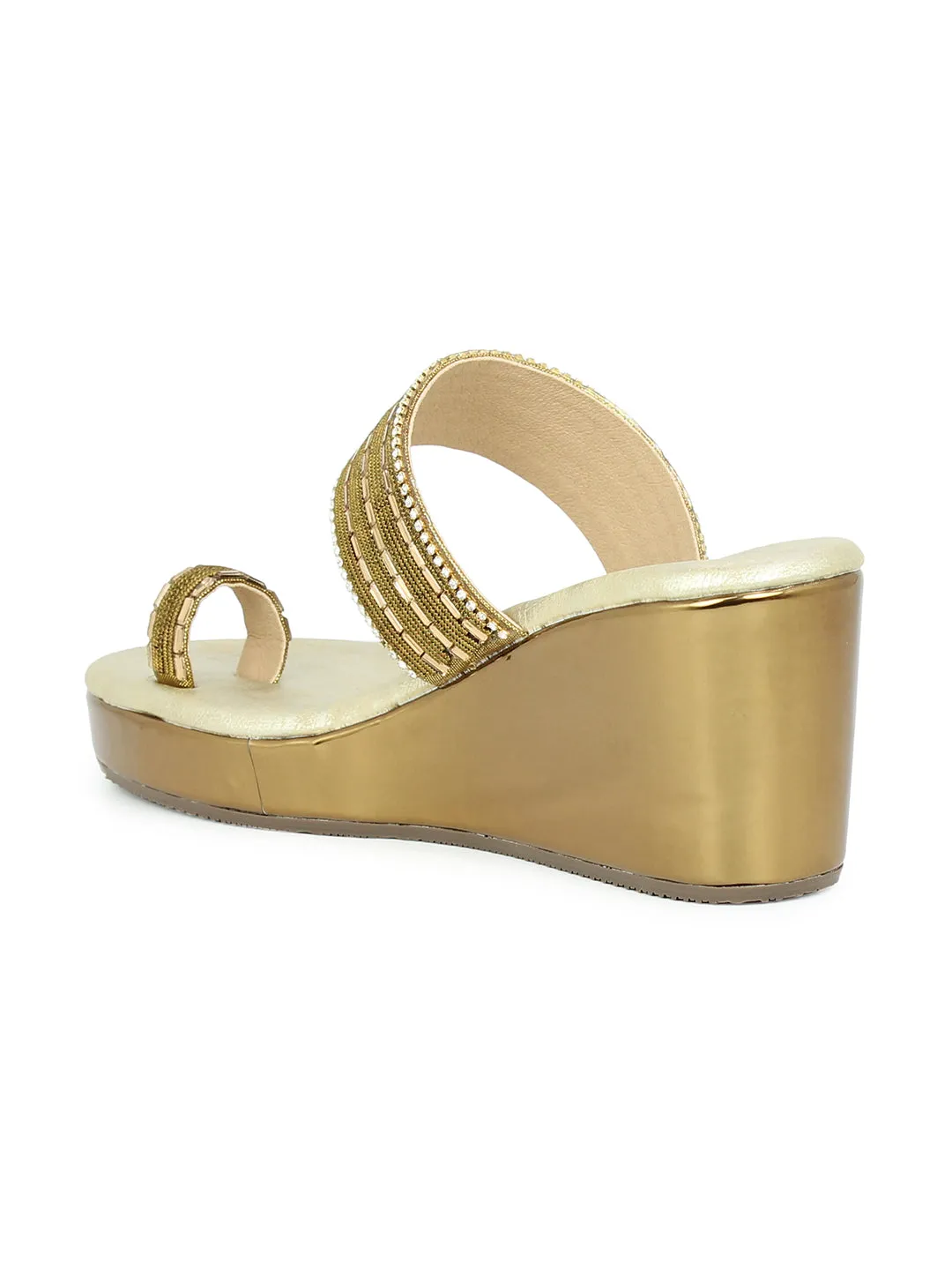 Women Ant Gold Ethnic Embellished One Toe Wedges