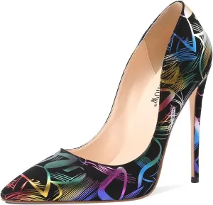 Women High Heels Multicolor Pumps Black Graffiti Shoes Stiletto High Heels 4.7 Inches/12Cm Pointed Toe Sexy Dress Shoes Multicolor Heels Graffiti Print Design Slip on Pumps for Women