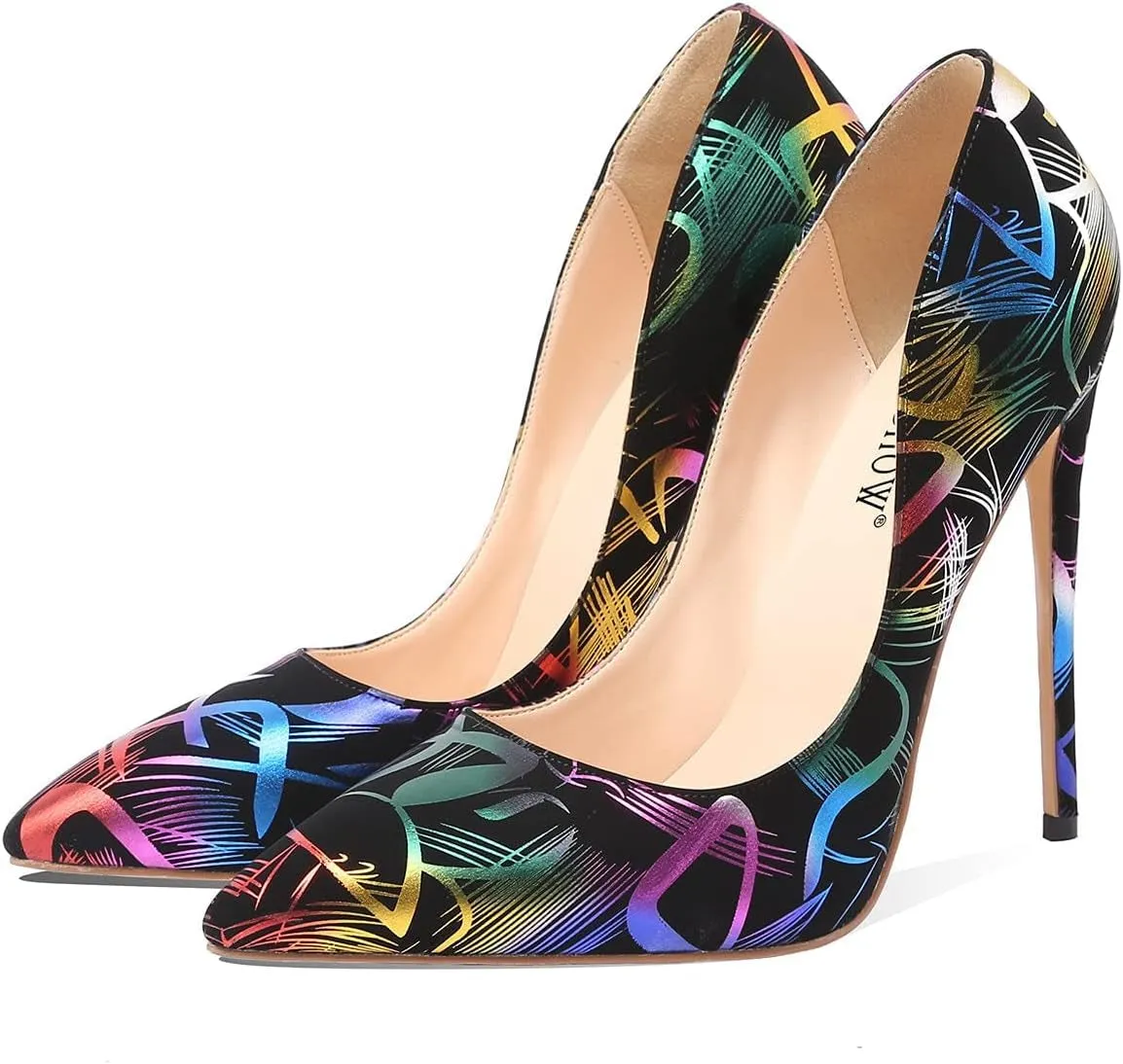 Women High Heels Multicolor Pumps Black Graffiti Shoes Stiletto High Heels 4.7 Inches/12Cm Pointed Toe Sexy Dress Shoes Multicolor Heels Graffiti Print Design Slip on Pumps for Women