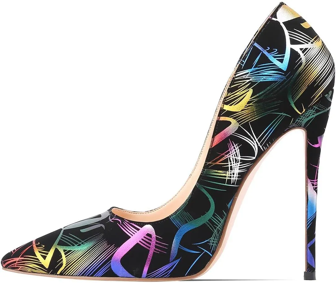 Women High Heels Multicolor Pumps Black Graffiti Shoes Stiletto High Heels 4.7 Inches/12Cm Pointed Toe Sexy Dress Shoes Multicolor Heels Graffiti Print Design Slip on Pumps for Women