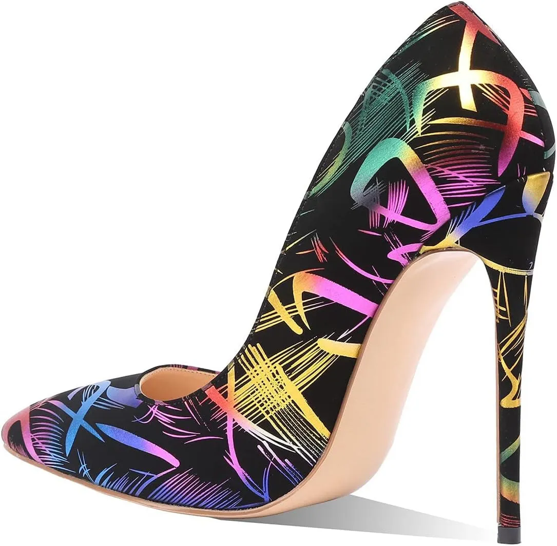 Women High Heels Multicolor Pumps Black Graffiti Shoes Stiletto High Heels 4.7 Inches/12Cm Pointed Toe Sexy Dress Shoes Multicolor Heels Graffiti Print Design Slip on Pumps for Women