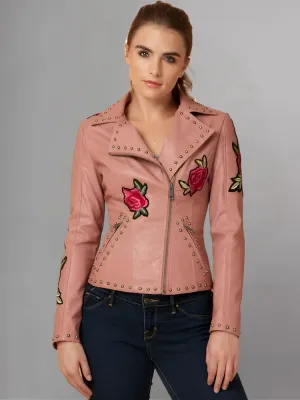 WOMENS FLORAL EMBROIDERED REAL LEATHER MOTO JACKET