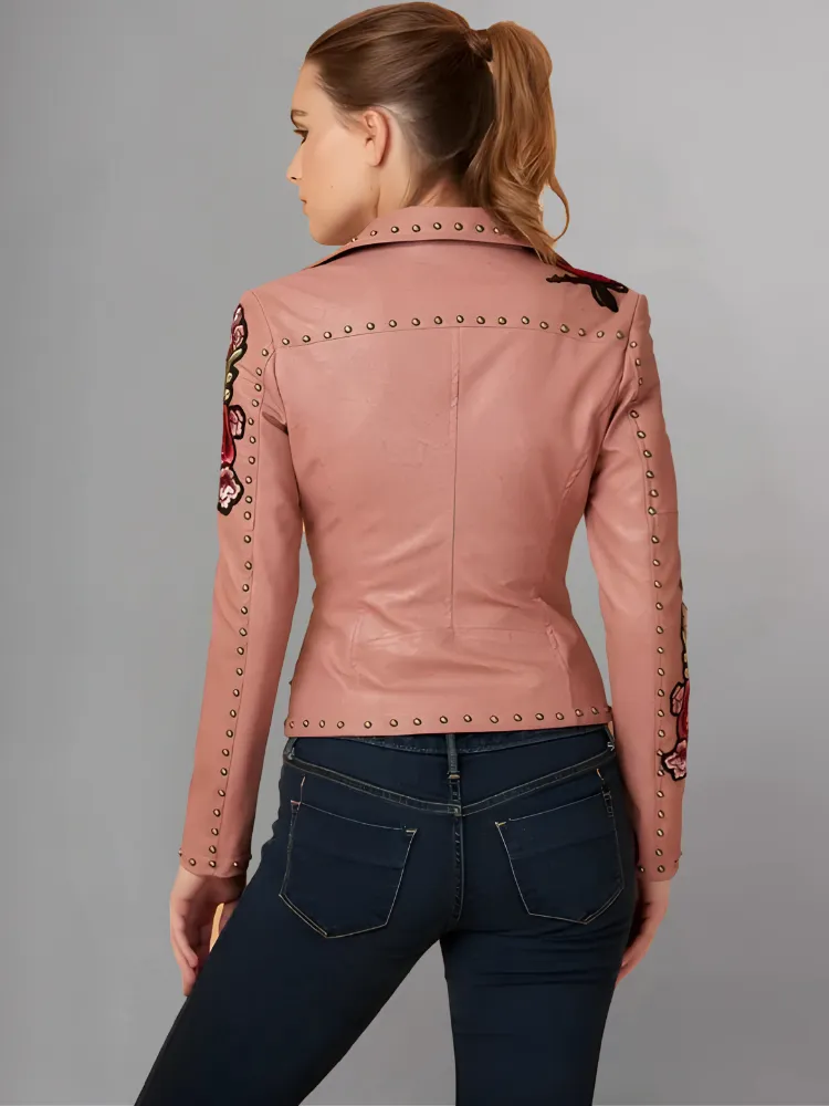 WOMENS FLORAL EMBROIDERED REAL LEATHER MOTO JACKET