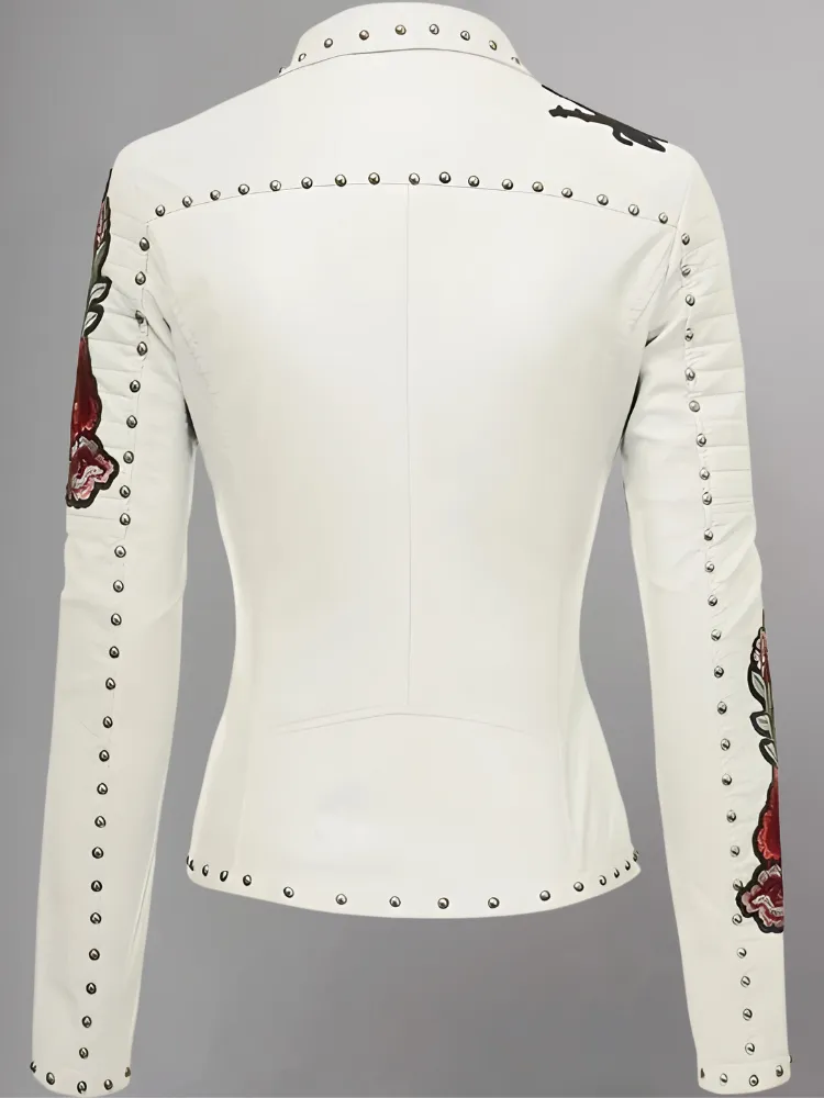 WOMENS FLORAL EMBROIDERED REAL LEATHER MOTO JACKET