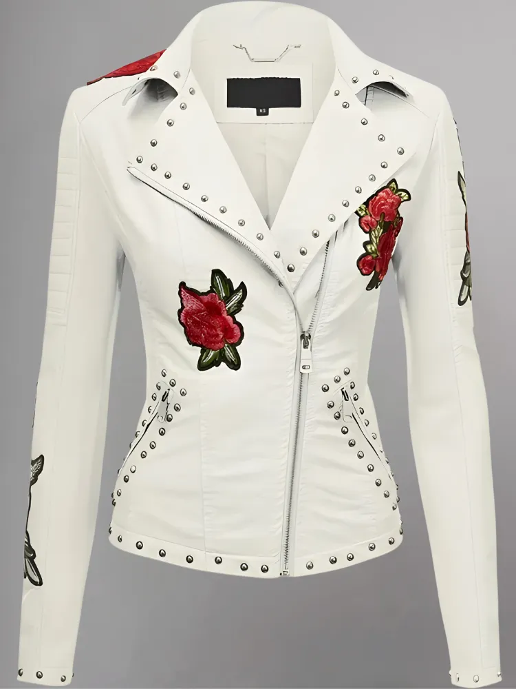 WOMENS FLORAL EMBROIDERED REAL LEATHER MOTO JACKET