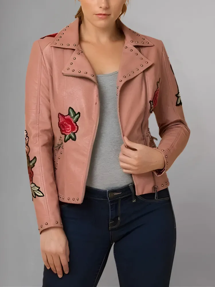 WOMENS FLORAL EMBROIDERED REAL LEATHER MOTO JACKET