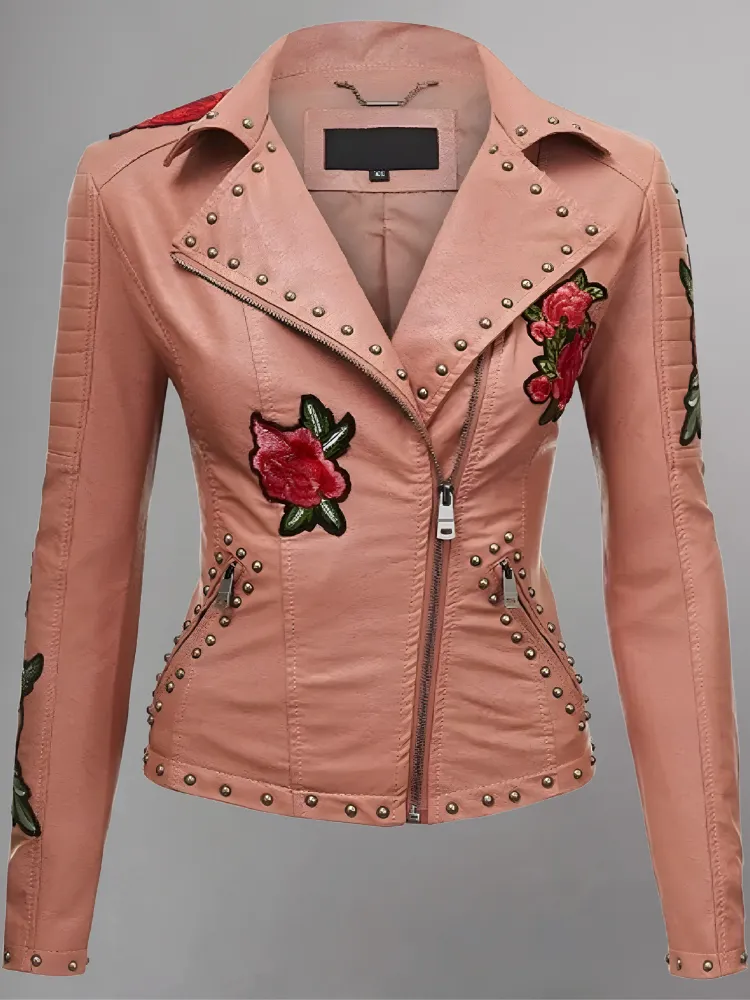 WOMENS FLORAL EMBROIDERED REAL LEATHER MOTO JACKET