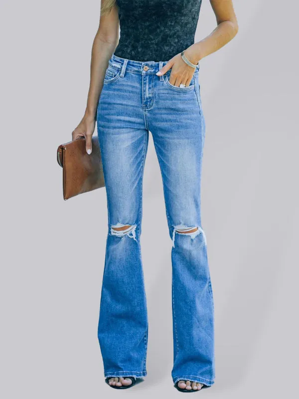 Women's High Waist Ripped Knee Bootcut Jeans