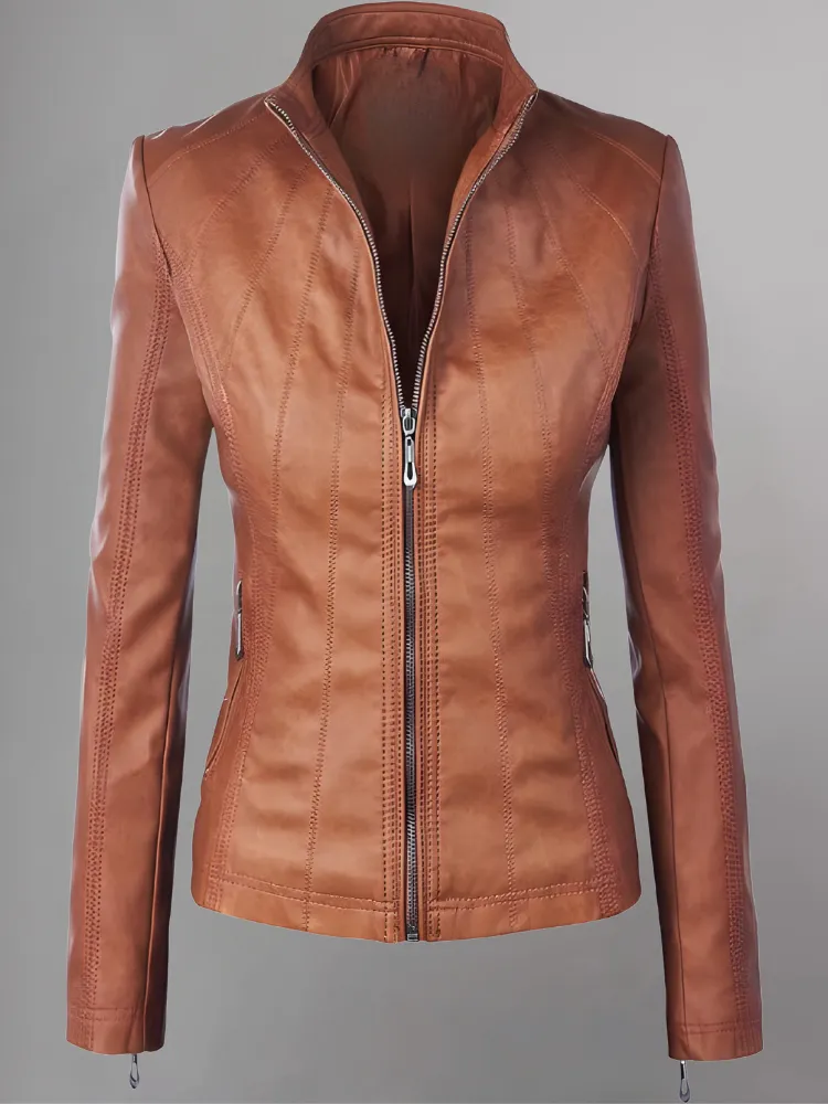 Womens Panelled Real Leather Moto Jacket