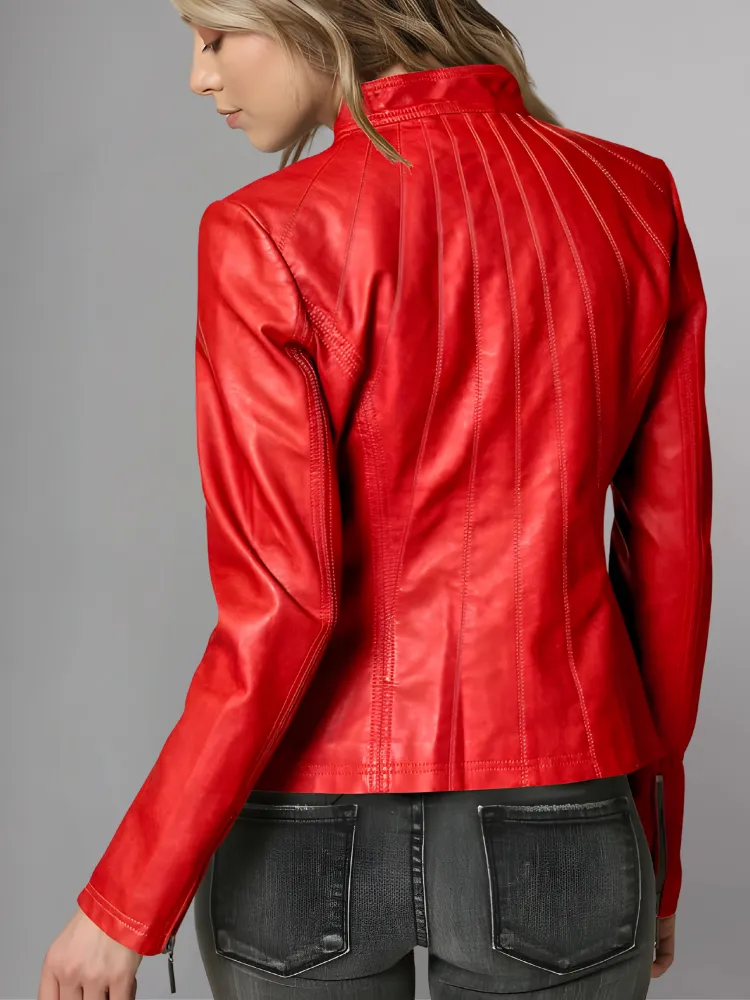 Womens Panelled Real Leather Moto Jacket