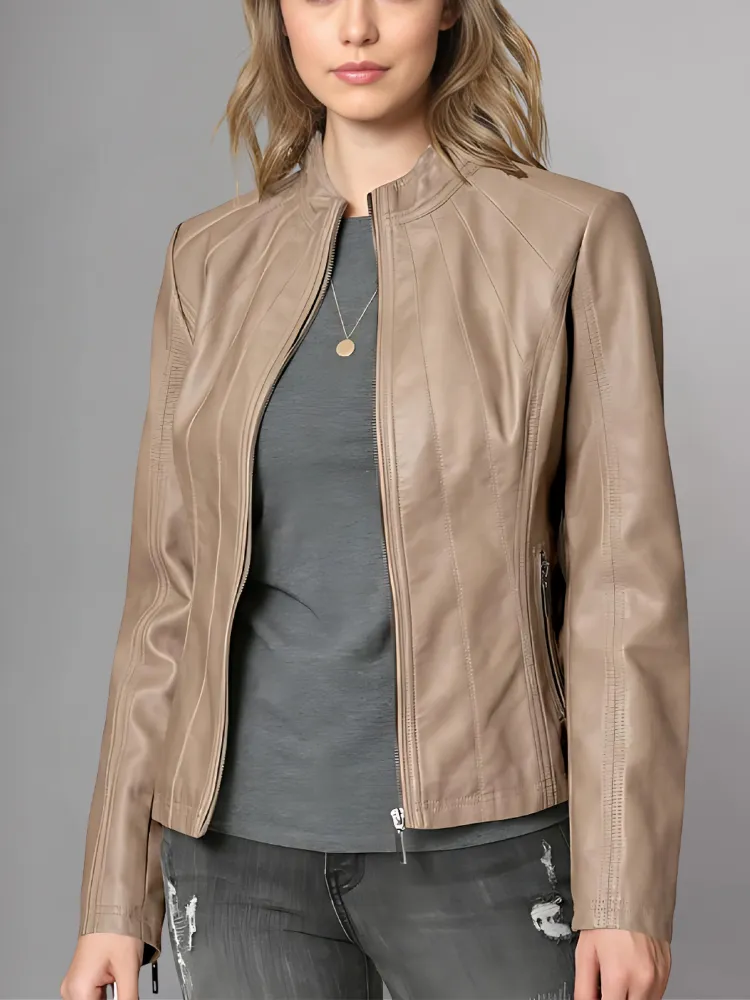 Womens Panelled Real Leather Moto Jacket