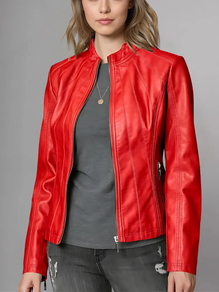 Womens Panelled Real Leather Moto Jacket