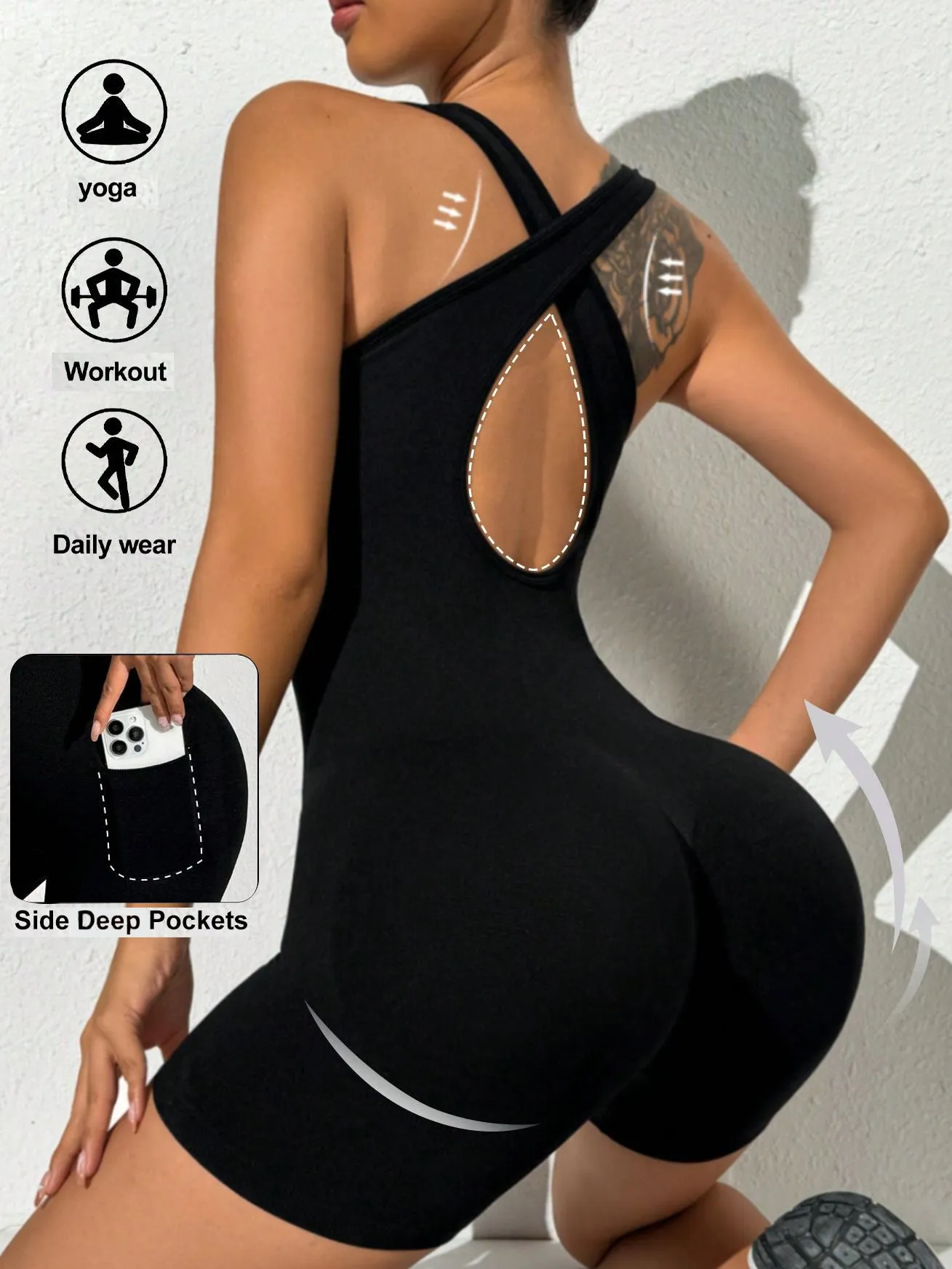 ZASUWA Female Cross Back Backless Hollow Out U Collar Hip-lift Short Jumpsuit