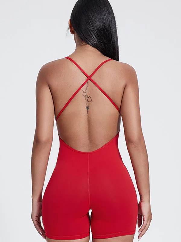 ZASUWA Female Cross Back U Collar Hollow Out Backless Hip-lift Short Jumpsuit